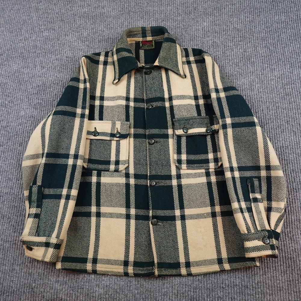 Vintage Chippewa Wool Shirt Jacket Mens Large Green Plaid Flannel Workwear 50s